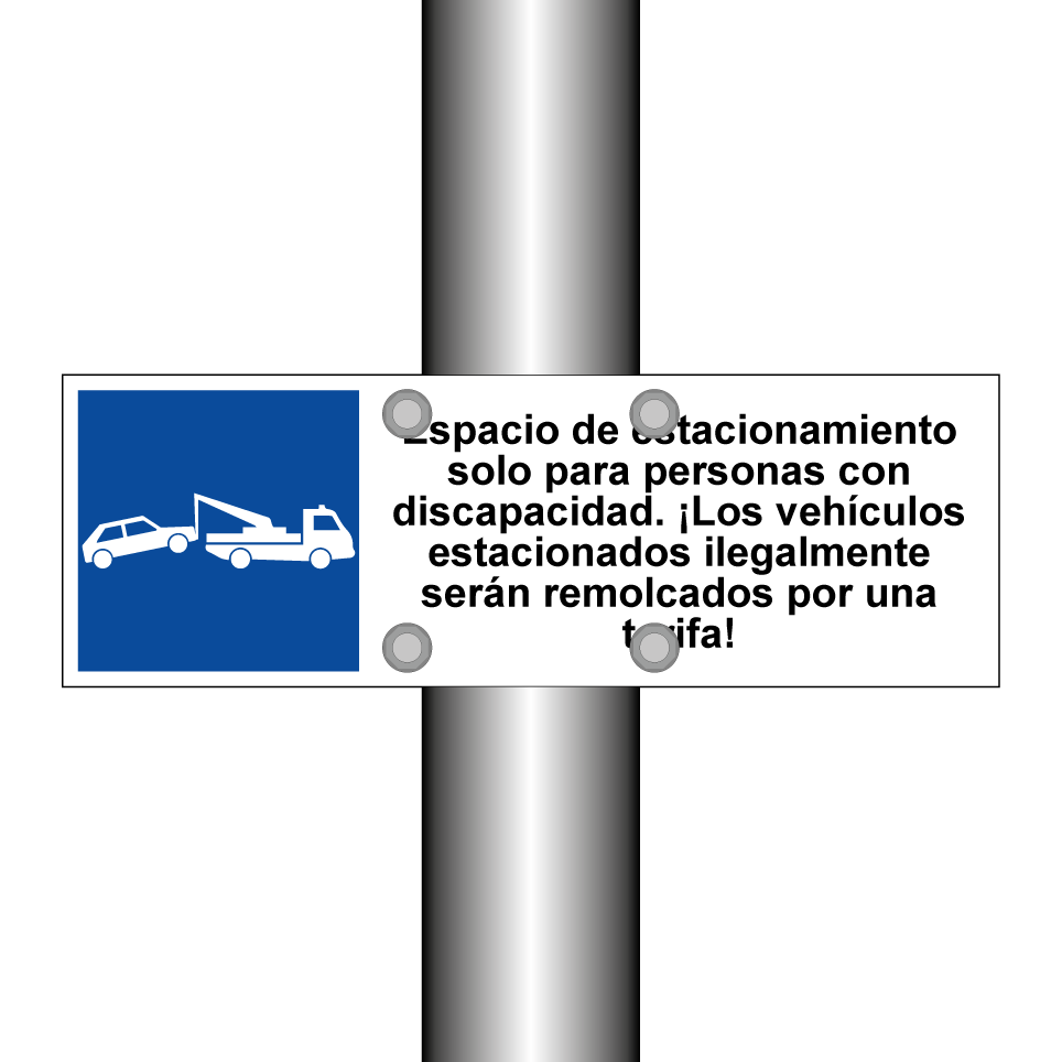 Espacio de estacionamiento solo para personas con discapacidad. ¡Los vehículos estacionados ilegalmente serán remolcados por una tarifa!
