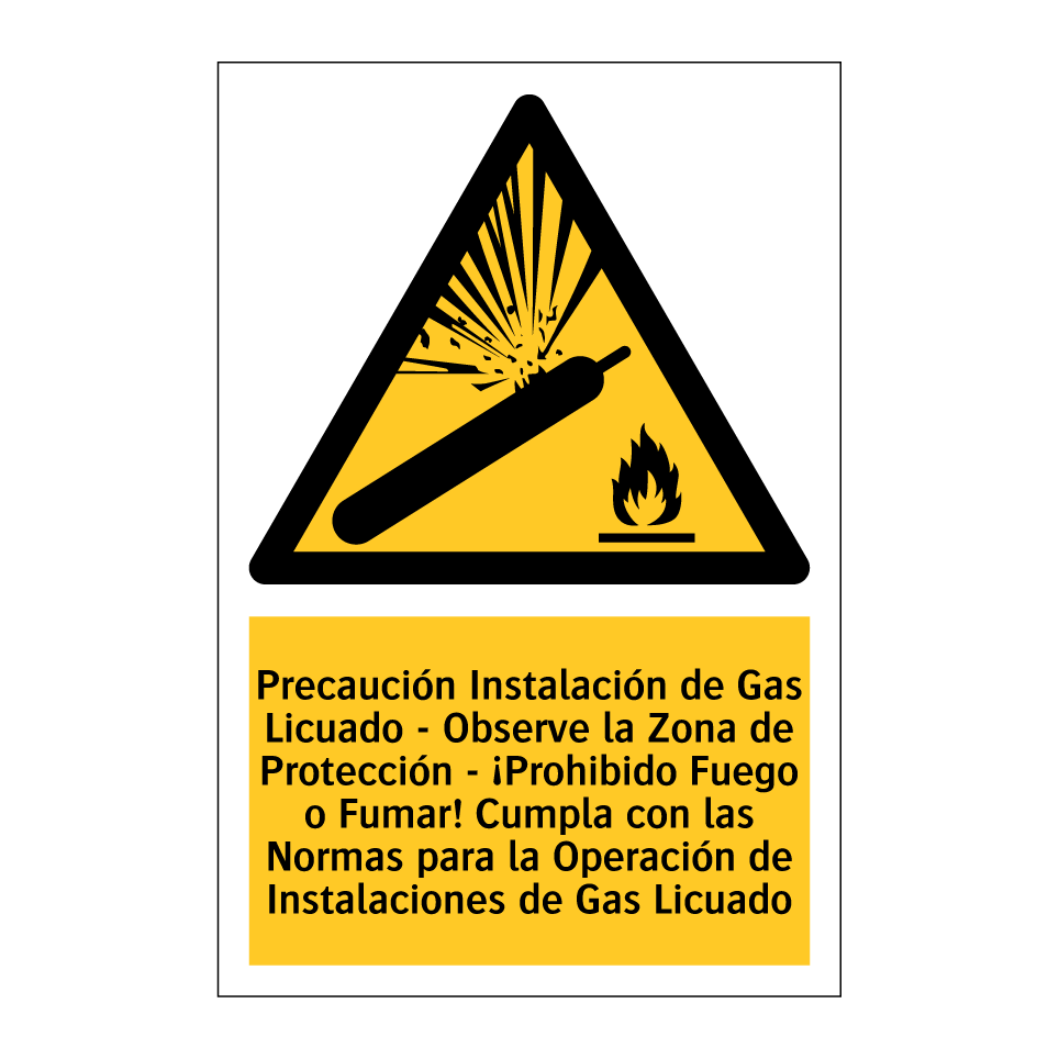 Precaución Instalación de Gas Licuado - Observe la Zona de Protección - ¡Prohibido Fuego o Fumar! Cumpla con las Normas para la Operación de Instalaciones de Gas Licuado