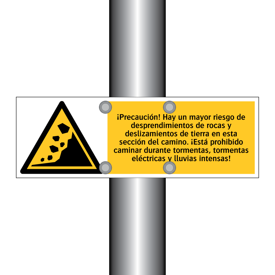 ¡Precaución! Hay un mayor riesgo de desprendimientos de rocas y deslizamientos de tierra en esta sección del camino. ¡Está prohibido caminar durante tormentas, tormentas eléctricas y lluvias intensas!
