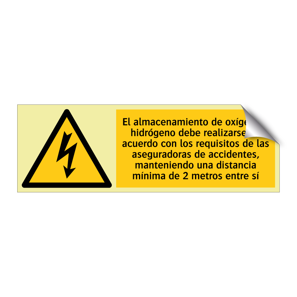 El almacenamiento de oxígeno e hidrógeno debe realizarse de acuerdo con los requisitos de las aseguradoras de accidentes, manteniendo una distancia mínima de 2 metros entre sí