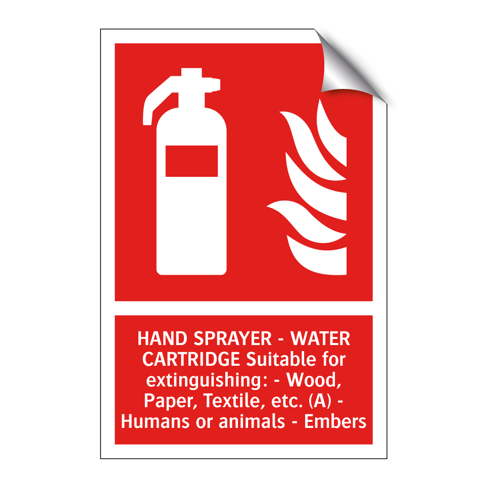 HAND SPRAYER - WATER CARTRIDGE Suitable for extinguishing: - Wood, Paper, Textile, etc. (A) - Humans or animals - Embers