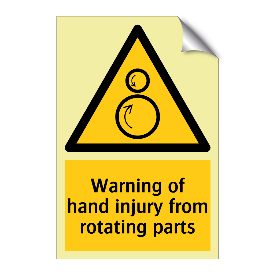Warning of hand injury from rotating parts