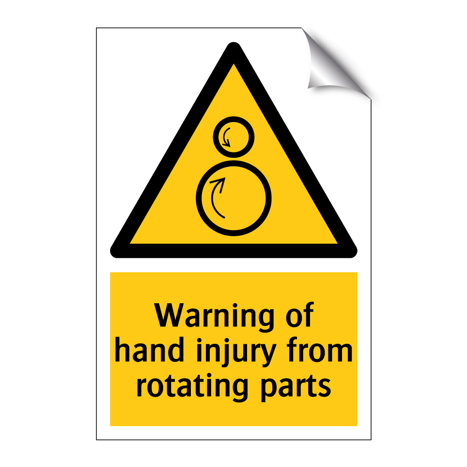 Warning of hand injury from rotating parts