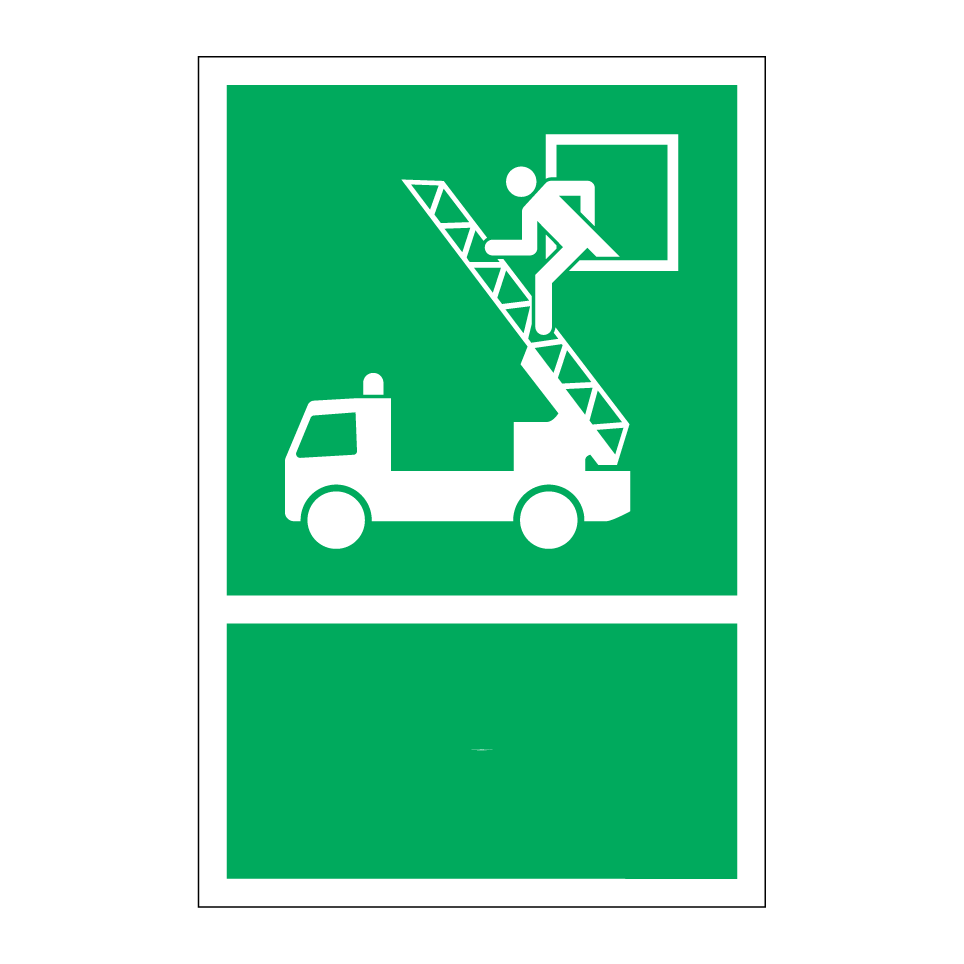Punto accesible con escalera Si la vía de escape principal está bloqueada por humo: Cierre las puertas de la escalera y hágase visible en esta ventana. Espere a los bomberos. Precaución: ¡Riesgo de caída! Mantenga siempre libre el acceso.