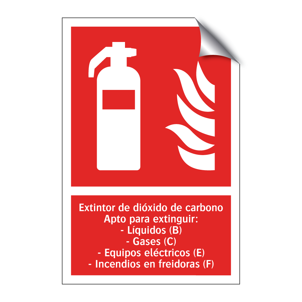 Extintor de dióxido de carbono Apto para extinguir: - Líquidos (B) - Gases (C) - Equipos eléctricos (E) - Incendios en freidoras (F)