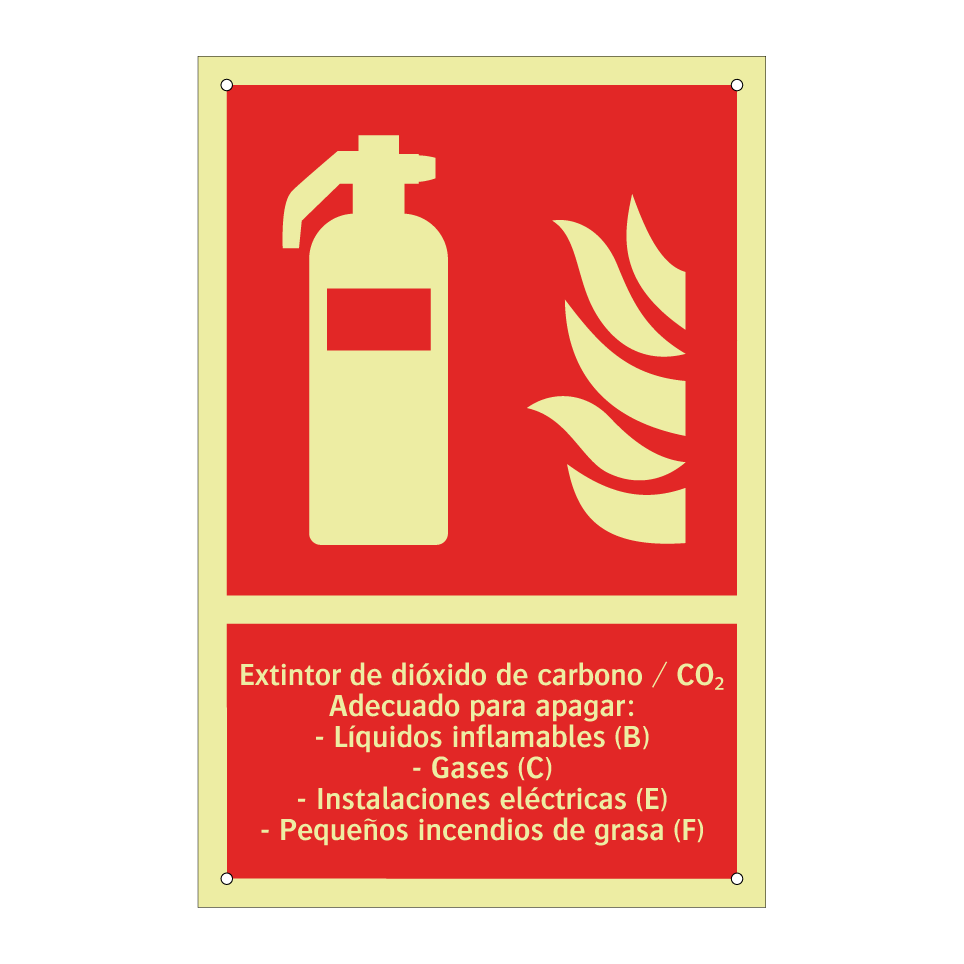 Extintor de dióxido de carbono / CO₂ Adecuado para apagar: - Líquidos inflamables (B) - Gases (C) - Instalaciones eléctricas (E) - Pequeños incendios de grasa (F)