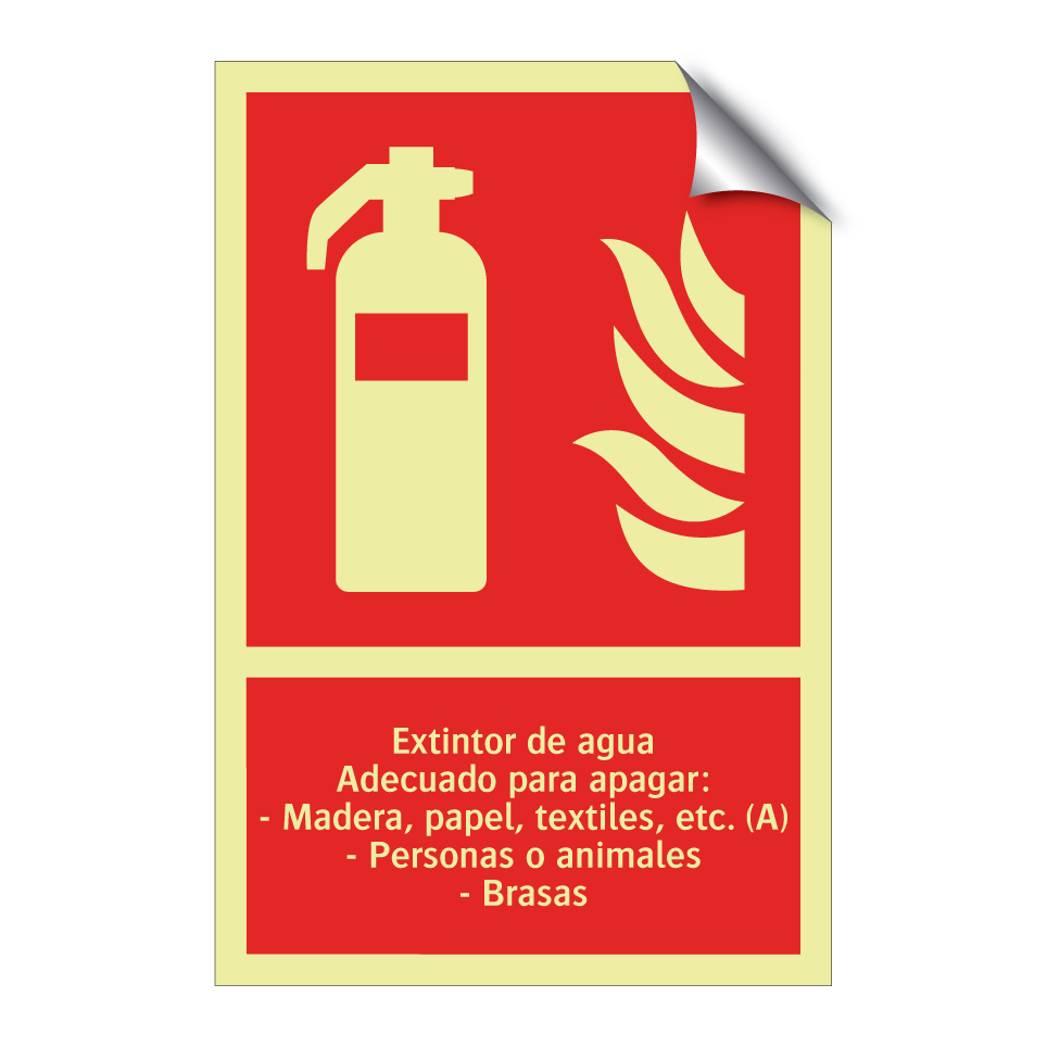 Extintor de agua Adecuado para apagar: - Madera, papel, textiles, etc. (A) - Personas o animales - Brasas