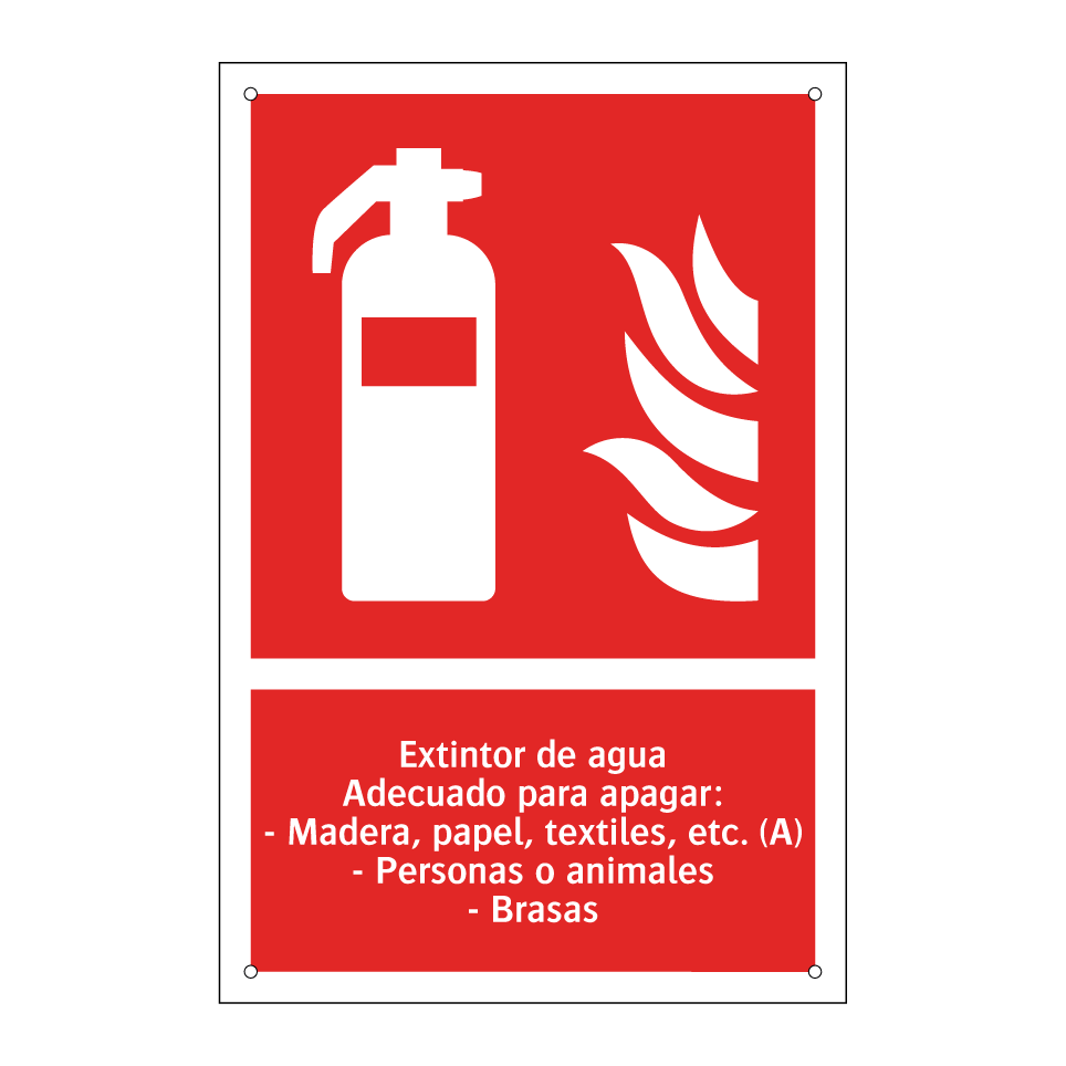 Extintor de agua Adecuado para apagar: - Madera, papel, textiles, etc. (A) - Personas o animales - Brasas