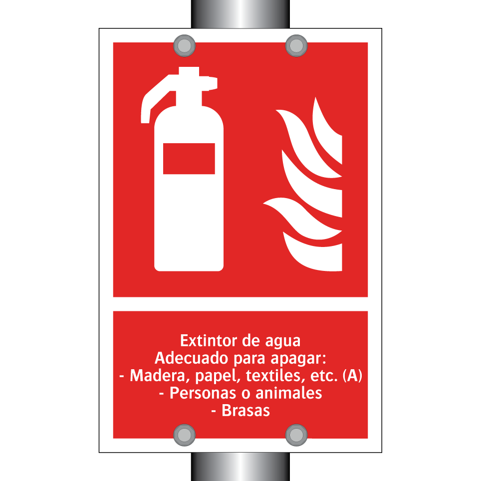 Extintor de agua Adecuado para apagar: - Madera, papel, textiles, etc. (A) - Personas o animales - Brasas