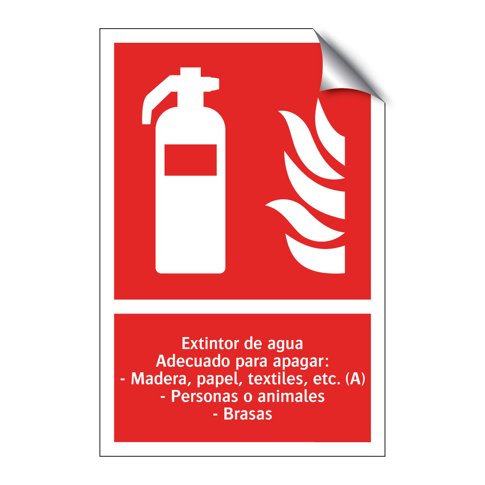 Extintor de agua Adecuado para apagar: - Madera, papel, textiles, etc. (A) - Personas o animales - Brasas