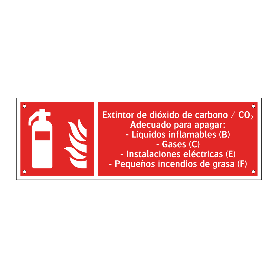 Extintor de dióxido de carbono / CO₂ Adecuado para apagar: - Líquidos inflamables (B) - Gases (C) - Instalaciones eléctricas (E) - Pequeños incendios de grasa (F)