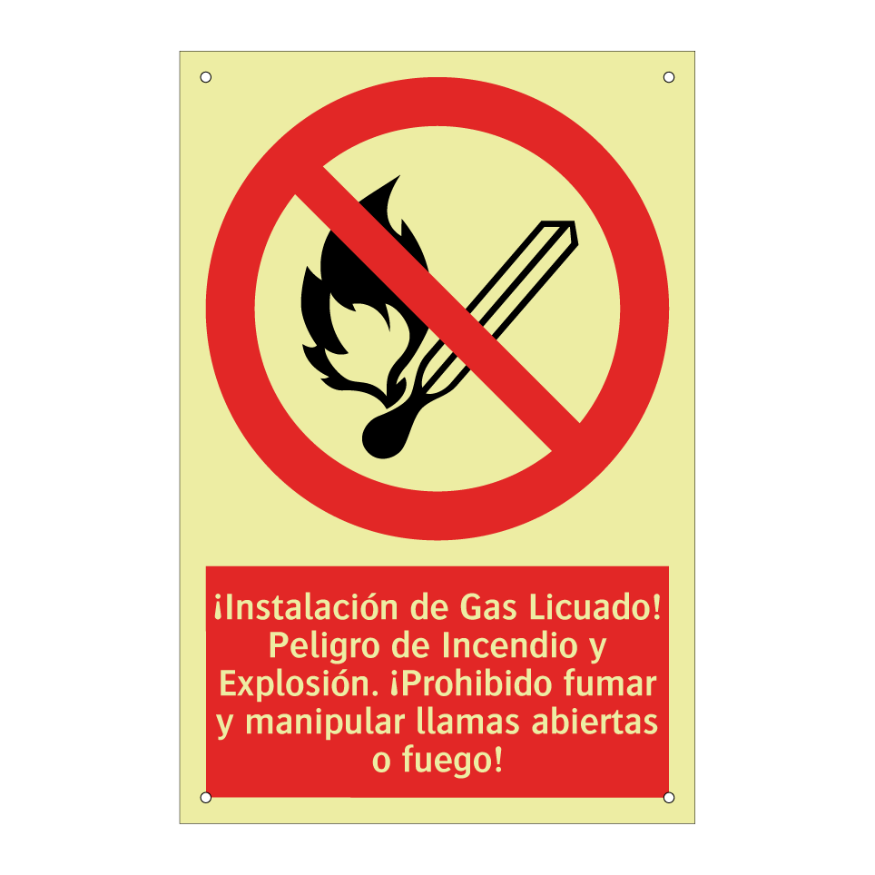 ¡Instalación de Gas Licuado! Peligro de Incendio y Explosión. ¡Prohibido fumar y manipular llamas abiertas o fuego!