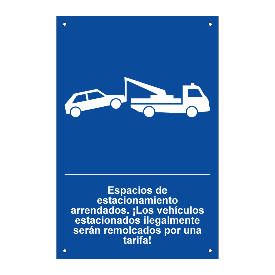 Espacios de estacionamiento arrendados. ¡Los vehículos estacionados ilegalmente serán remolcados por una tarifa!