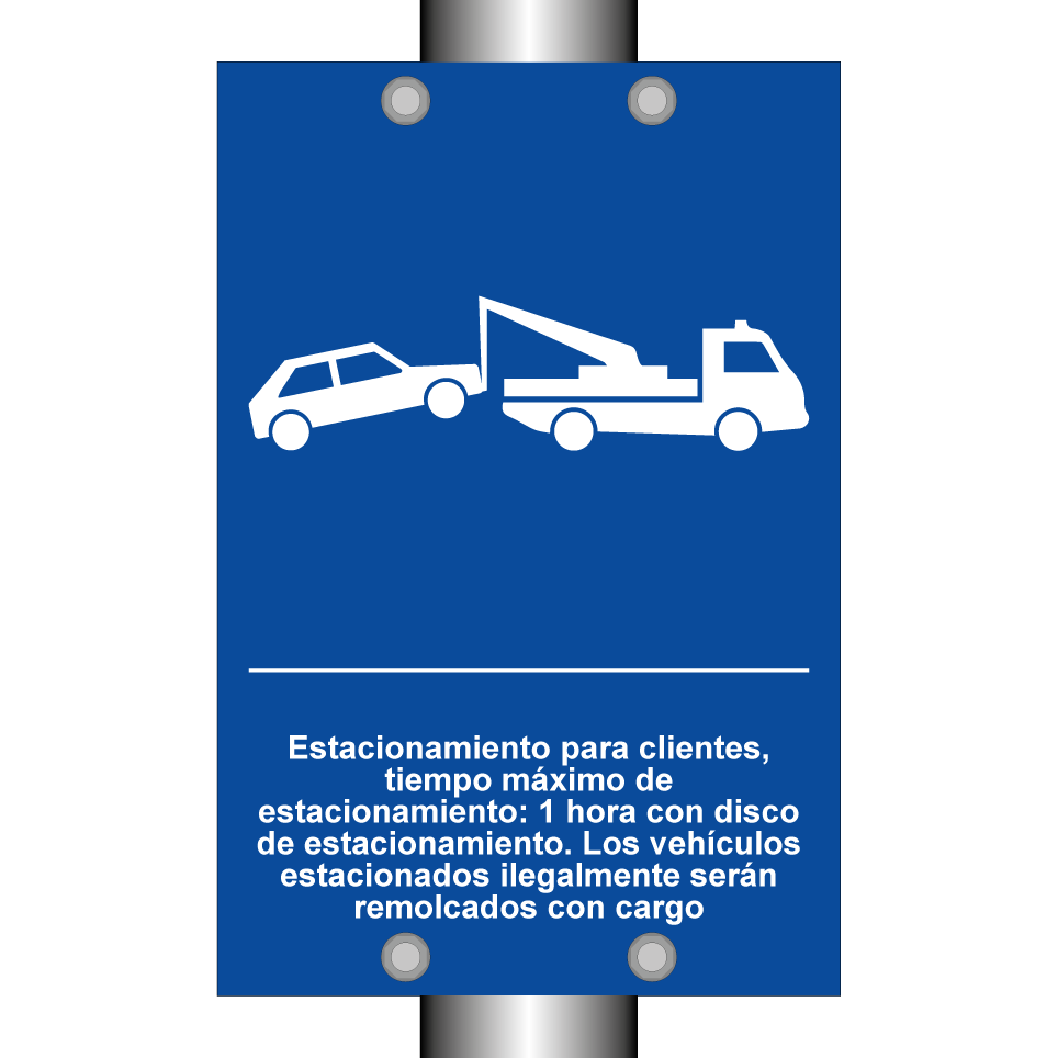 Estacionamiento para clientes, tiempo máximo de estacionamiento: 1 hora con disco de estacionamiento. Los vehículos estacionados ilegalmente serán remolcados con cargo
