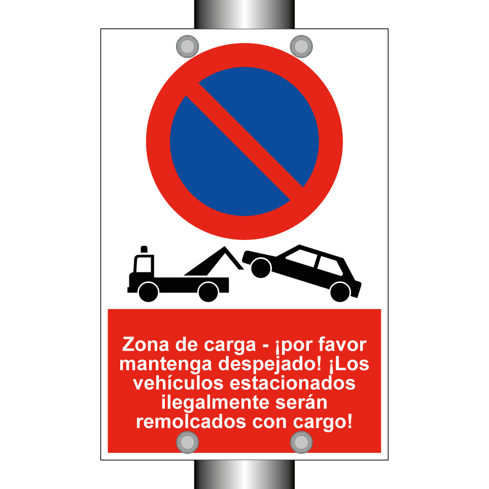 Zona de carga - ¡por favor mantenga despejado! ¡Los vehículos estacionados ilegalmente serán remolcados con cargo!