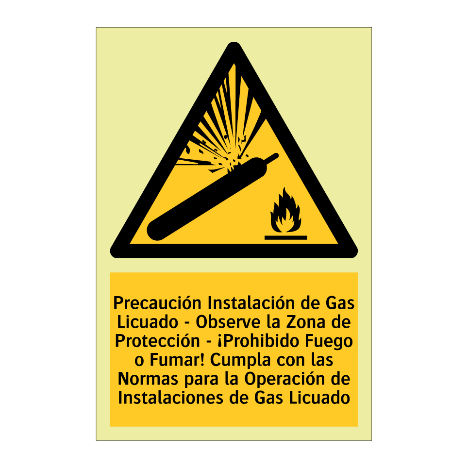 Precaución Instalación de Gas Licuado - Observe la Zona de Protección - ¡Prohibido Fuego o Fumar! Cumpla con las Normas para la Operación de Instalaciones de Gas Licuado