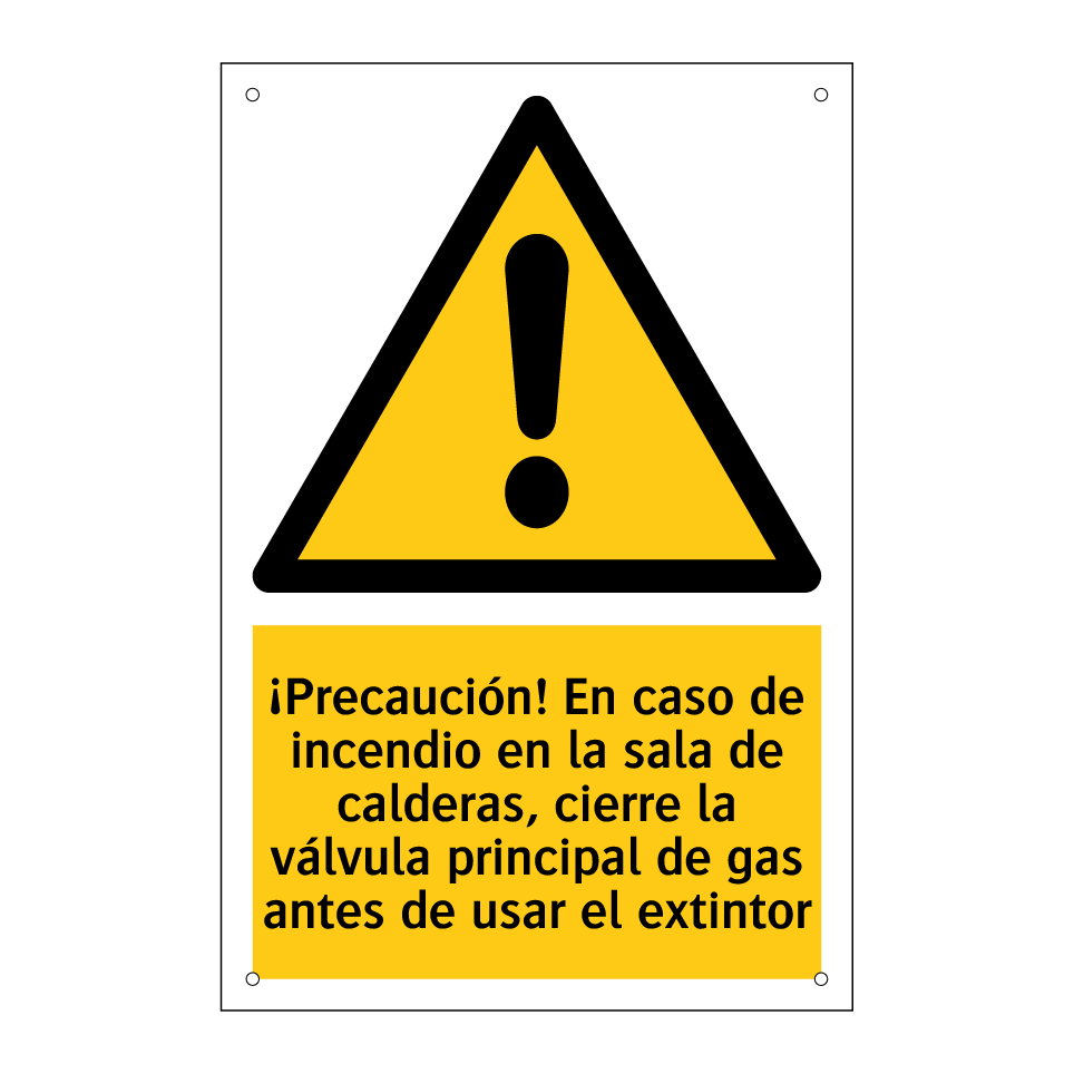 ¡Precaución! En caso de incendio en la sala de calderas, cierre la válvula principal de gas antes de usar el extintor