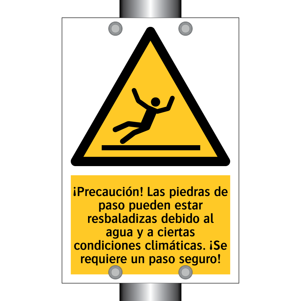 ¡Precaución! Las piedras de paso pueden estar resbaladizas debido al agua y a ciertas condiciones climáticas. ¡Se requiere un paso seguro!