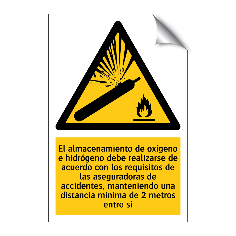 El almacenamiento de oxígeno e hidrógeno debe realizarse de acuerdo con los requisitos de las aseguradoras de accidentes, manteniendo una distancia mínima de 2 metros entre sí