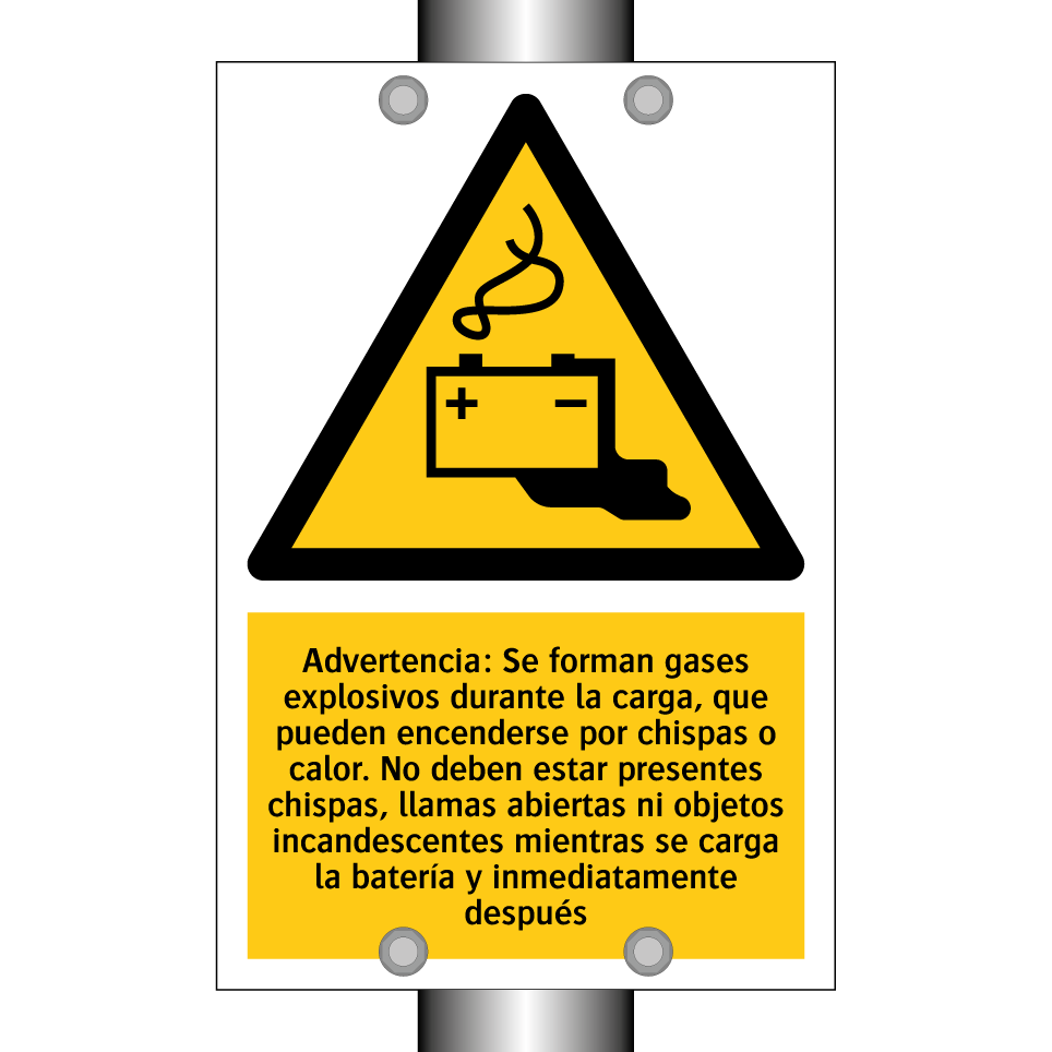 Advertencia: Se forman gases explosivos durante la carga, que pueden encenderse por chispas o calor. No deben estar presentes chispas, llamas abiertas ni objetos incandescentes mientras se carga la batería y inmediatamente después