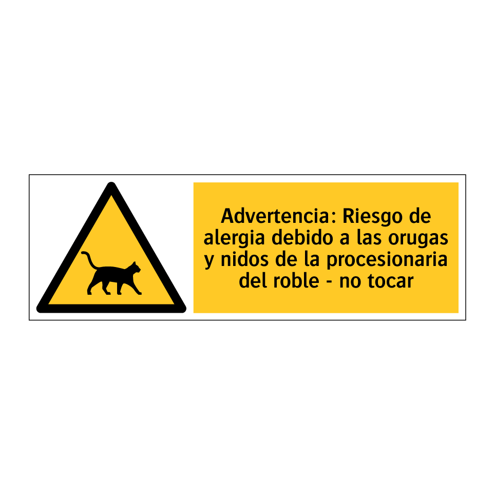 Advertencia: Riesgo de alergia debido a las orugas y nidos de la procesionaria del roble - no tocar